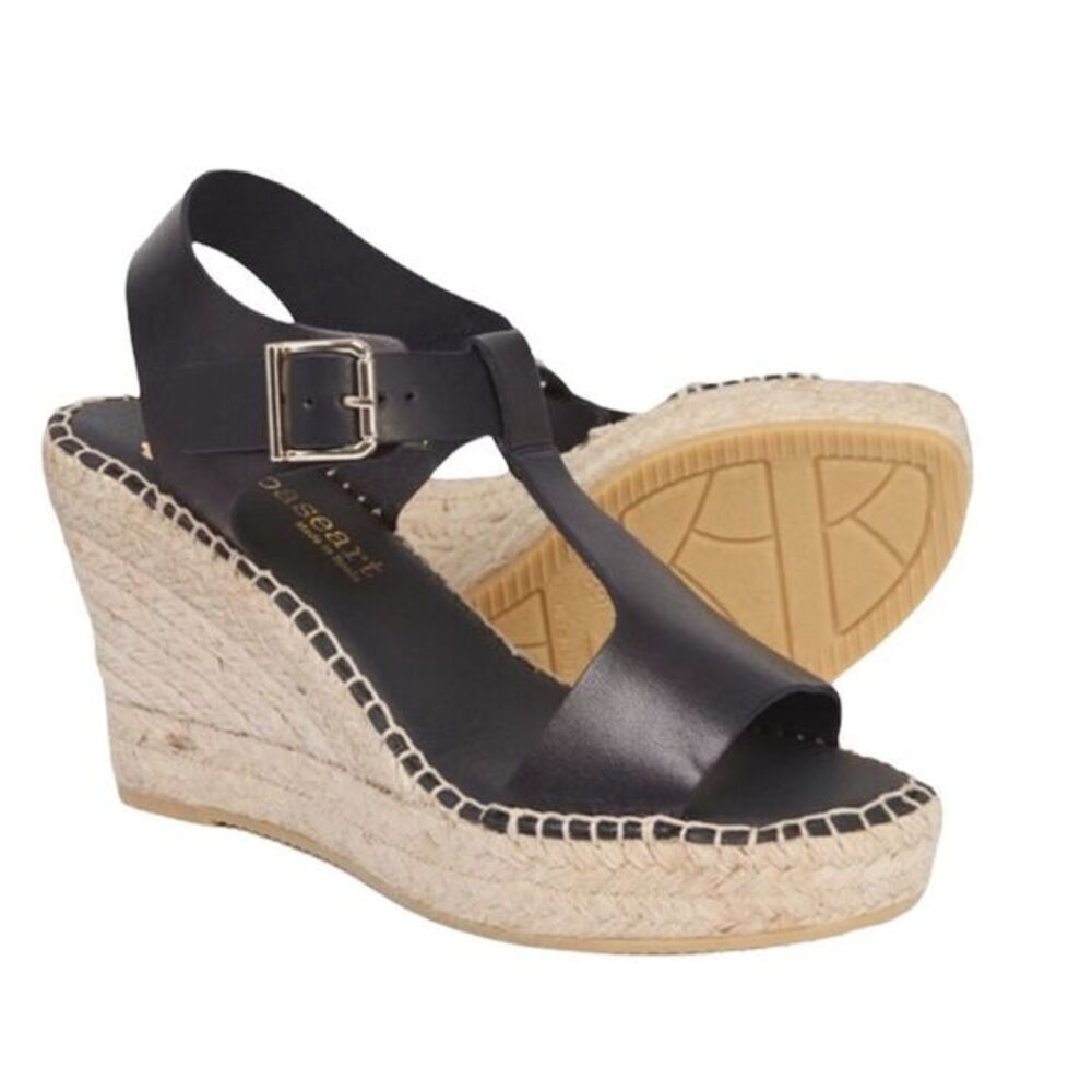 Paseart Black Leather Espadrille Wedge Sandals Ankle Strap size 37